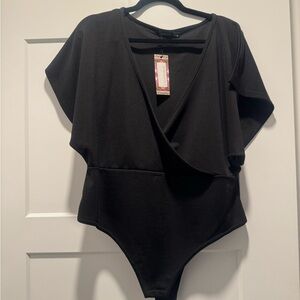 Black Wrap Bodysuit with Bell Sleeves